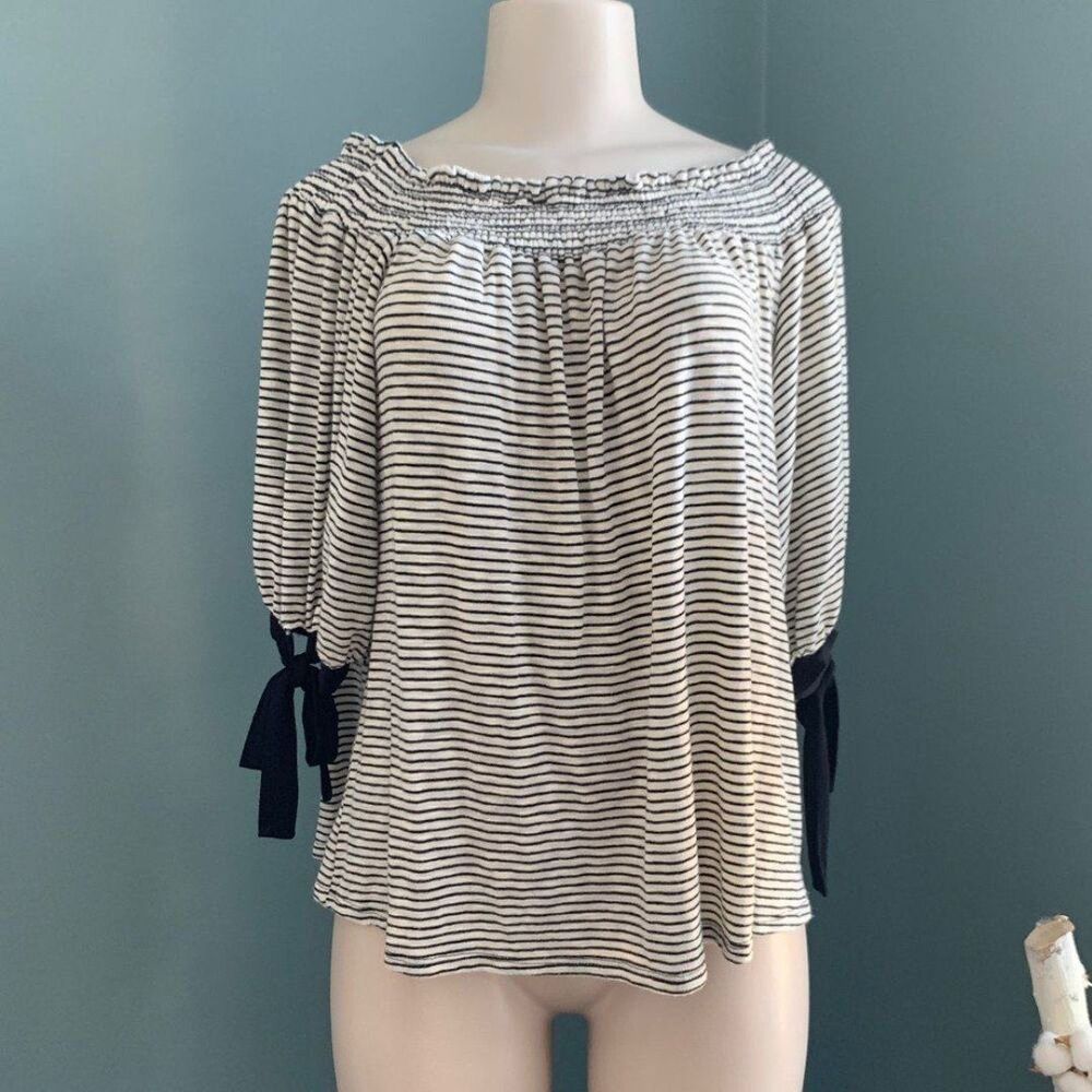 Altar’d State Smocked Black and Taupe Striped Half Bow Sleeves Top Size Medium